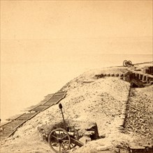 View of Fort Sumpter (i.e. Sumter). On the parapet, overlooking the harbor. Fort Sumter is a Third