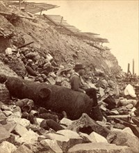 Sea face of Fort Sumpter (i.e. Sumter), shewing (i.e. showing) broken guns, shot, shell, & c. Fort
