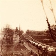 First wagon train entering Petersburg, US, USA, America, Vintage photography