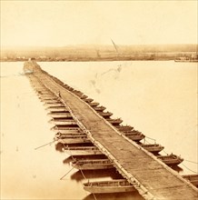 View of James River pontoon bridge, from south side, above Jones' Landing, US, USA, America,