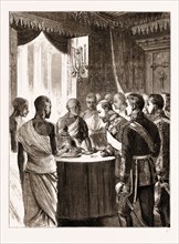 THE PRINCE OF WALES IN CEYLON, SRI LANKA, 1876, KANDY: THE BUDDHIST PRIESTS EXHIBITING BUDDHA'S
