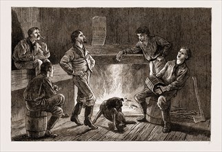 EVENING IN A LOGGER'S HUT: "GIVING THE BOYS A STEP", CALIFORNIA, US, U.S., U.S.A., UNITED STATES,
