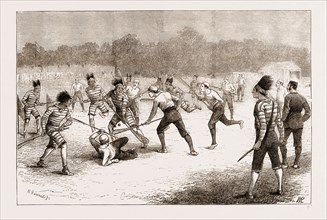 THE GAME OF "LACROSSE", MÃäLÃâE BETWEEN CANADIANS AND IROQUOIS INDIANS AT BELFAST, 1876