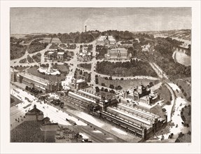 BIRD'S-EYE VIEW OF THE AMERICAN CENTENNIAL EXHIBITION AND GROUNDS, US, U.S., USA, U.S.A., UNITED