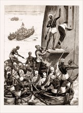 TROOPS OF THE 43RD REGIMENT EMBARKING AT CANNANORE TO MEET THE PRINCE, INDIA, 1876
