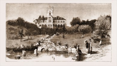 GENERAL VIEW OF THE CHATEAU SCOTT, WHERE MR. GLADSTONE IS RESIDING, FROM THE SEA, CANNES, FRANCE,