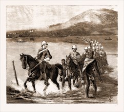 THE RESTORATION OF CETEWAYO: THE MILITARY ESCORT CROSSING THE TUGELA ON THEIR WAY TO MEET THE KING,