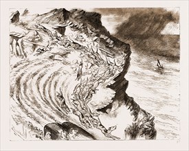 A CORNISH FOX HUNT: A RUN DOWN THE CLIFF: A SKETCH FROM TINTAGEL, UK, 1883