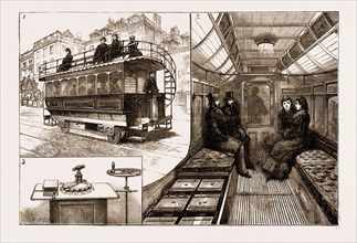 THE NEW ELECTRIC TRAMCAR AT KEW BRIDGE, LONDON, UK, 1883: 1. The Car. 2. The Interior of the Car,