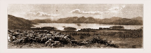 THE PROPOSED RAILWAY IN THE LAKE DISTRICT, UK, 1883: DERWENTWATER FROM THE CASTLE HILL