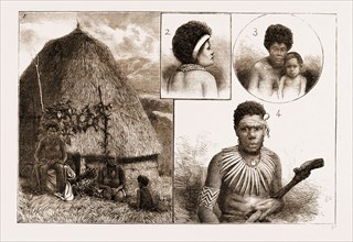 A CRUISE OF H.M.S. "DIAMOND" AMONGST THE SOLOMON ISLANDS, 1883: 1. A Native Family and Hut. 2. A