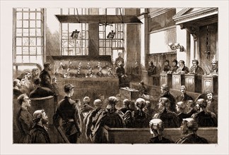 THE DYNAMITE CONSPIRACY: SCENE IN COURT DURING THE TRIAL AT THE OLD BAILEY, LONDON, UK, 1883
