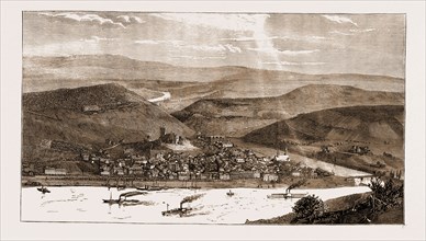 THE GERMAN NATIONAL MONUMENT ON THE NIEDERWALD, 1883: VIEW OF THE RHINE AND RUDESHEIM FROM THE
