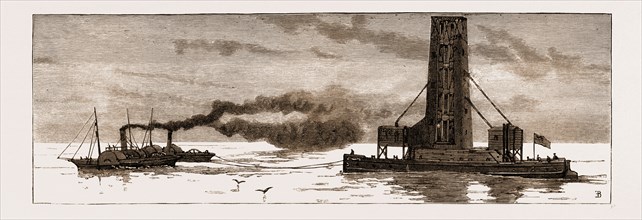 THE NEW GRAIN ELEVATOR, "INTERNATIONAL," BEING TOWED ACROSS THE NORTH SEA TO ANTWERP, 1883