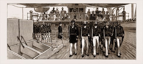 VISIT OF THE SULTAN OF ZANZIBAR TO H.M.S. "EURYALUS": BLUE-JACKETS MARCHING PAST, 1883