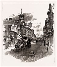 THE OPENING OF THE COACHING SEASON, THE LONDON COACH PASSING DOWN HIGH STREET, GUILDFORD, UK, 1886