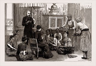 WITH LORD DUFFERIN IN BURMA: LADY DUFFERIN RECEIVES THE BURMESE LADIES AT AFTERNOON TEA IN THE