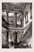 AN OLD LONDON MANSION, "COWFIELDS," 30, OLD BURLINGTON STREET, UK, 1886: ENTRANCE HALL AND