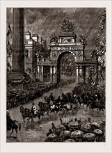 THE VISIT OF THE QUEEN TO LIVERPOOL, UK, 1886: LOOKING UP LONDON ROAD FROM ST. GEORGE'S HALL: THE
