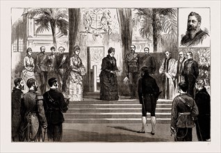 THE VISIT OF THE QUEEN TO LIVERPOOL, UK, 1886: THE OPENING OF THE EXHIBITION, THE QUEEN READING HER