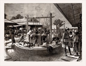THE MANNERS AND CUSTOMS OF THE BURMANS: "A WASH AND BRUSH UP" IN THE MARKET PLACE, MANDALAY, 1886