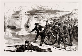 NAVAL SHAM FIGHT AT WHALE ISLAND, PORTSMOUTH, UK, 1886, WITNESSED BY NUMEROUS MEMBERS OF THE HOUSE