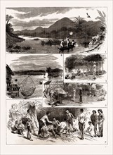 SPORT IN SIAM, 1886: 1. Peacock Shooting, Marklong River. 2. At Ratchburee. 3. Our Kitchen, Camp on