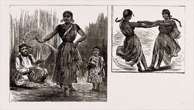 INDIA IN LONDON, 1886: A TANJORE NAUTCH DANCER AND CHILD, WIND UP OF A NAUTCH DANCE; SKETCHES AT