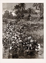 WITH THE TONGHOO FIELD FORCE, BURMA: SOMERSETSHIRE LIGHT INFANTRY CROSSING THE TWSA RIVER, 1886
