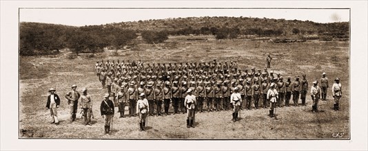 THE LATEST RISING IN SOUTH AFRICA: PARADE OF THE DIAMOND FIELDS HORSE AT POKWANI, 1897