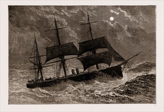 THE CONDEMNED CRUISER: H.M.S. "BACCHANTE" IN A GALE, 1897: H.M.S. Bacchante, which is to be broken