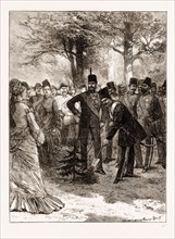 THE PRINCE OF WALES'S GARDEN PARTY AT CHISWICK, THE SHAH PLANTING A TREE IN COMMEMORATION OF HIS