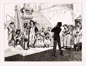 SKETCHES IN ROME, ARTISTS CHOOSING A MODEL ON THE STEPS OF THE TRINITA DE' MONTI, engraving 1873