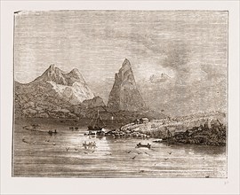 FISKEBOLTINDEN-FISHING STATION IN THE LAFATER ISLANDS, Norway engraving 1873