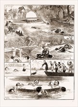 The London swimming club contest at the Crystal Palace, London UK 1873, 4. BEST MEANS OF SAVING-