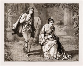 SCENE FROM " FLEUR DE LYS " AS PERFORMED AT THE GAIETY AND PHILHARMONIC THEATRES, ENGRAVING 1873