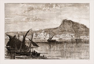 VIEW OF ALICANTE, BOMBARDED BY THE INTRANSIGENTES, SPAIN, ENGRAVING 1873