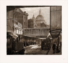 A PEEP AT ST. PAUL'S AND "THE TIMES" OFFICE FROM UNDERGROUND, LONDON, UK, 1875