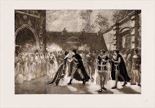 SCENE FROM "IL TROVATORE" AT COVENT GARDEN THEATRE, LONDON, UK, 1875; LEONORA, MANRICO, IL CONTE DI