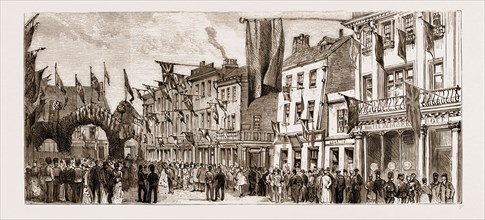 CENTENARY OF THE BATTLE OF JERSEY, FETE AT ST. HELIER'S: THE PROCESSION IN BERESFORD STREET, 1881