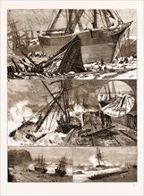 THE GREAT SNOWSTORM AND GALE, WRECKS ON THE COAST, UK, 1881: 1. Vessels Ashore at Lavernock Point,
