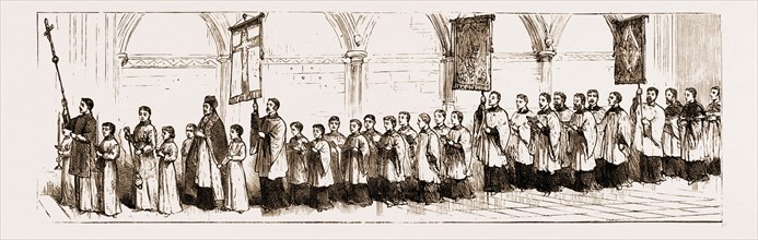 ADVANCED RITUAL IN THE CHURCH OF ENGLAND, UK, 1881: A PROCESSION AT EVENSONG