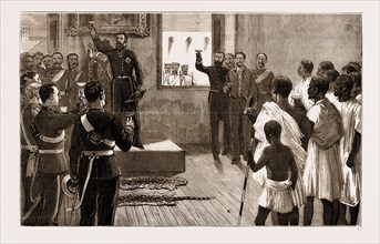 THE THREATENED ASHANTEE WAR: PALAVER WITH NATIVE AMBASSADORS AT ELMINA CASTLE, MARCH 6, 1881,