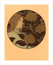 Eugene Grasset, Roundel Portrait of a Girl, French, 1841  1917, lithograph in green, black, and