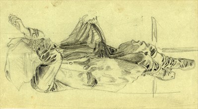 Single reclining figure with cloth over face, 1860-1865, by Alfred R Waud, 1828-1891, an american