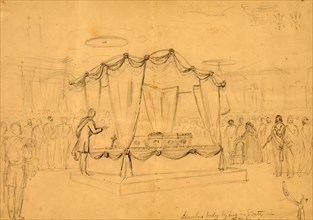 Lincoln's body lying in state in the East room White house, 1865 April 19, drawing on pink paper