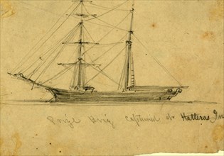 Prize brig captured at Hatteras Inlet, 1861 August, drawing on cream paper pencil, 9.7 x 14.7 cm.