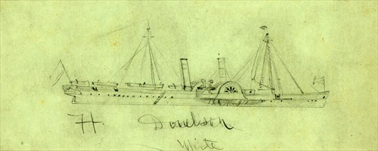 Steamship Ft. Donelson, ca. 1864, drawing on blue-gray paper pencil, 7. x 17.5 cm. (sheet), by