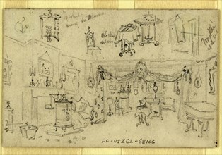 Parlor, Abraham Lincoln home, Springfield, Illinois, 1865 May, drawing on cream paper pencil, 9.9 x