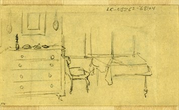 Bedroom, Abraham Lincoln home in Springfield, Illinois, 1865 May, drawing on cream paper pencil, 6